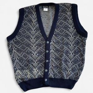 Vintage Pacific Winds Navy Blue Gray Retro Patterned Knit V-Neck Sweater Vest